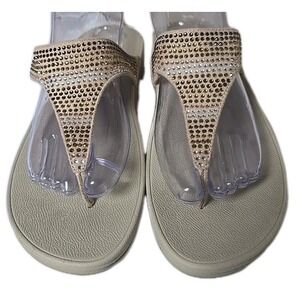 Fitflop Women's Sandals Lulu Crystal Embellished Gold Thong Shoe Size 9